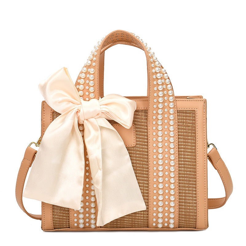 trendy fashion hand woven pearl hand held small square bag shoulder messenger bag