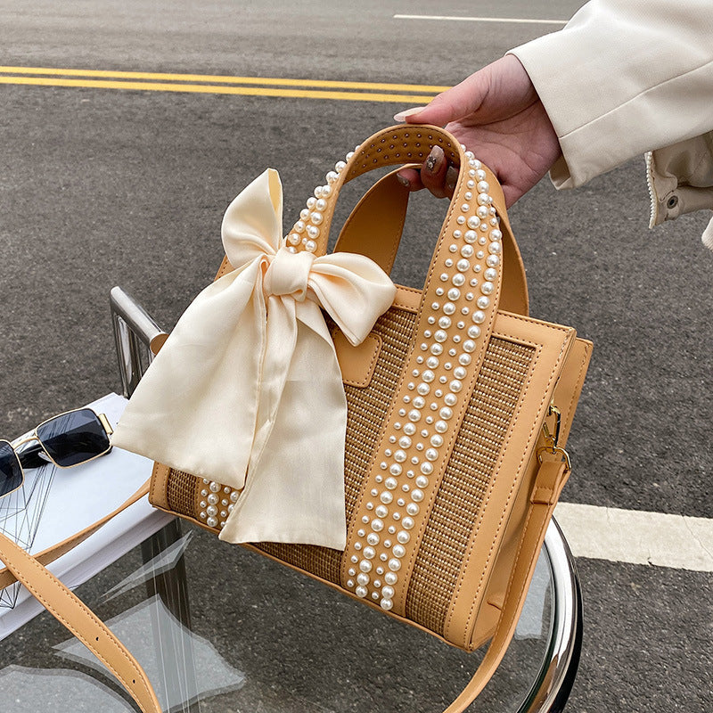trendy fashion hand woven pearl hand held small square bag shoulder messenger bag