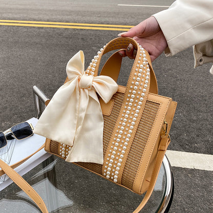 trendy fashion hand woven pearl hand held small square bag shoulder messenger bag
