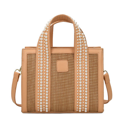 trendy fashion hand woven pearl hand held small square bag shoulder messenger bag