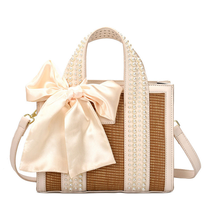 trendy fashion hand woven pearl hand held small square bag shoulder messenger bag