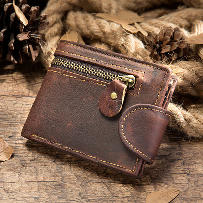 cowhide mens wallet short retro stitched coin purse multi card wallet