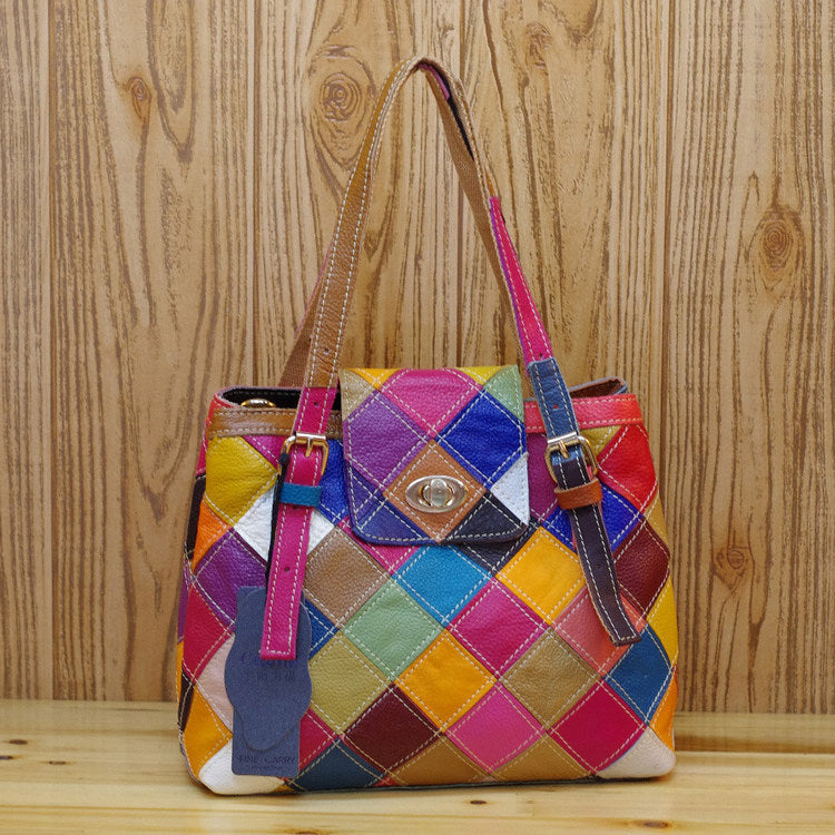 stitching color one shoulder diagonal bag