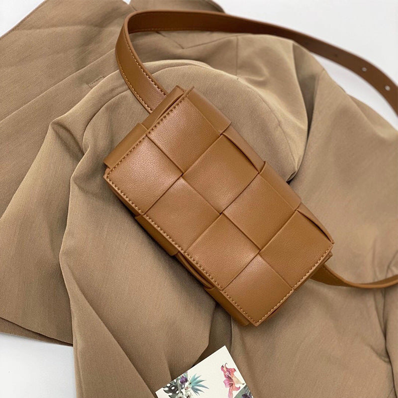 belt cassette weave leather flap bag women fashion small box shoulder bag genuine leather chest bag ladies waist phone bag