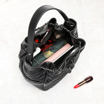 pleated sheepskin genuine leather top handle bags fashion adjustable chain shoulder bags