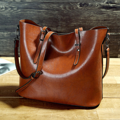 simple oil wax leather shoulder messenger portable tote bag