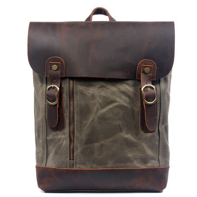 retro oil wax canvas crazy horse leather backpack belt buckle waterproof rucksack bag men