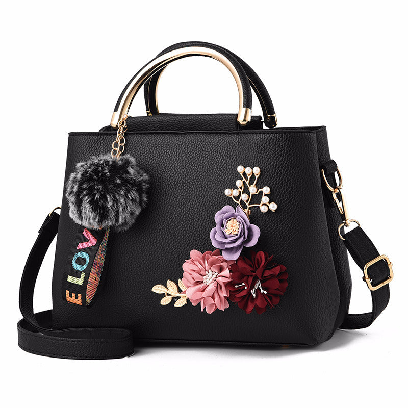 Pure Color Fashion Three-dimensional Embroidered Flowers Iron Handle Portable Pu Female Bag Korean Trend