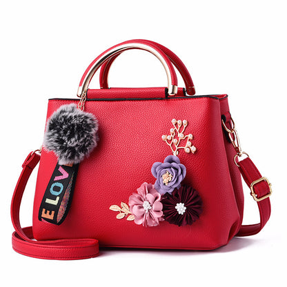 Pure Color Fashion Three-dimensional Embroidered Flowers Iron Handle Portable Pu Female Bag Korean Trend