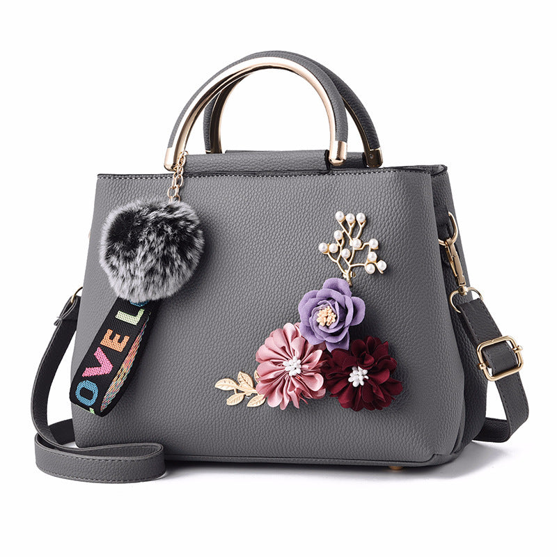 Pure Color Fashion Three-dimensional Embroidered Flowers Iron Handle Portable Pu Female Bag Korean Trend