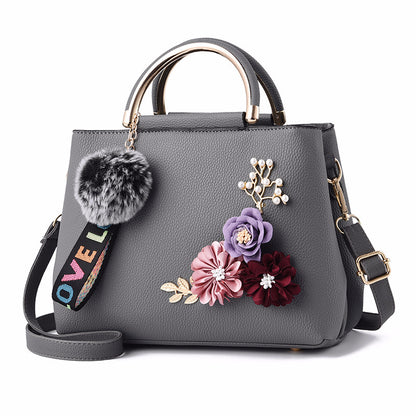 Pure Color Fashion Three-dimensional Embroidered Flowers Iron Handle Portable Pu Female Bag Korean Trend
