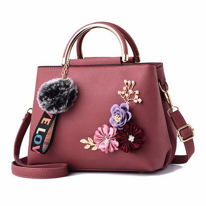 Pure Color Fashion Three-dimensional Embroidered Flowers Iron Handle Portable Pu Female Bag Korean Trend