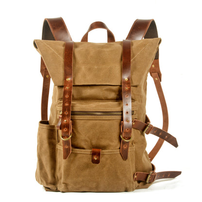 retro handmade waterproof backpack wax wash canvas stitching leather backpack outdoor travel mountaineering backpack