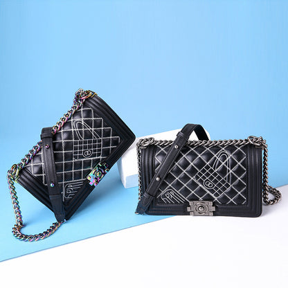 leather one shoulder diagonal colorful chain bag