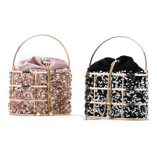 new net celebrity portable dinner bag fashion metal hollow sequined bucket bag