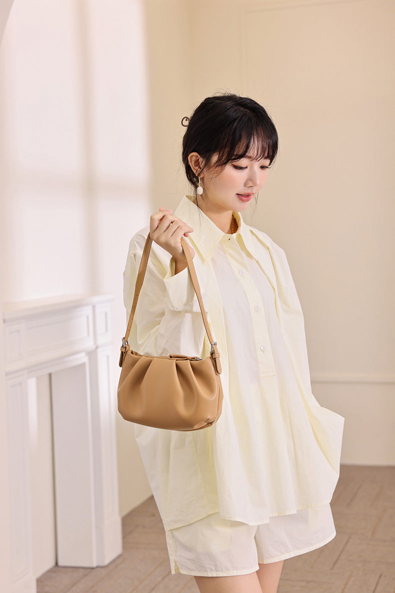 high grade one shoulder crossbody underarm leather folds cloud bag