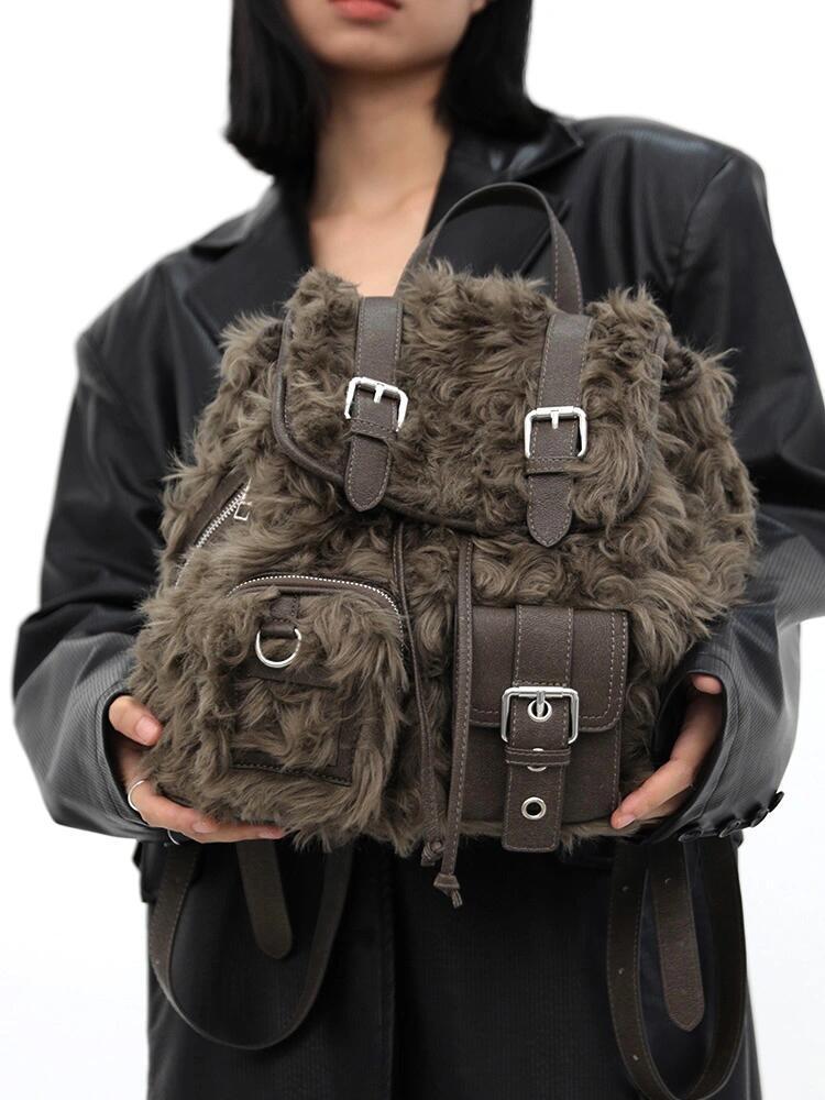 retro backpack bags plush large capacity bag