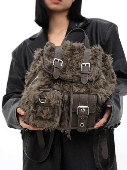 retro backpack bags plush large capacity bag