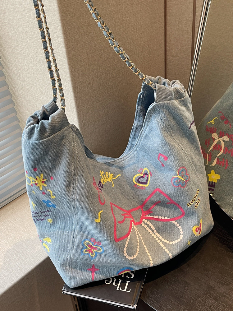 Women's Niche Graffiti Denim Canvas Casual Large Capacity Single Shoulder Bag