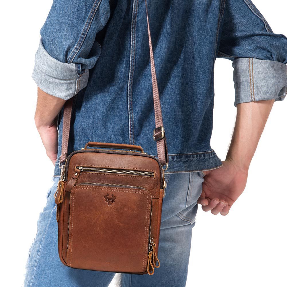 mens leather single shoulder crazy horse leather crossbody bag