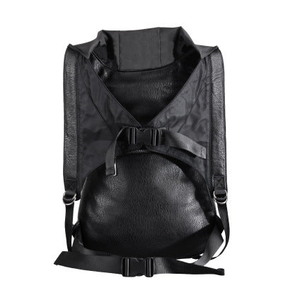 mens black leather 3d rivet backpack with hood cap