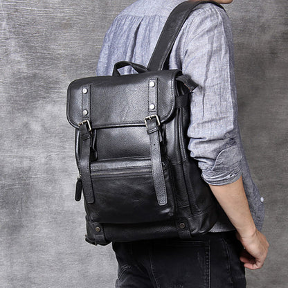 mens simple casual top layer cowhide backpack