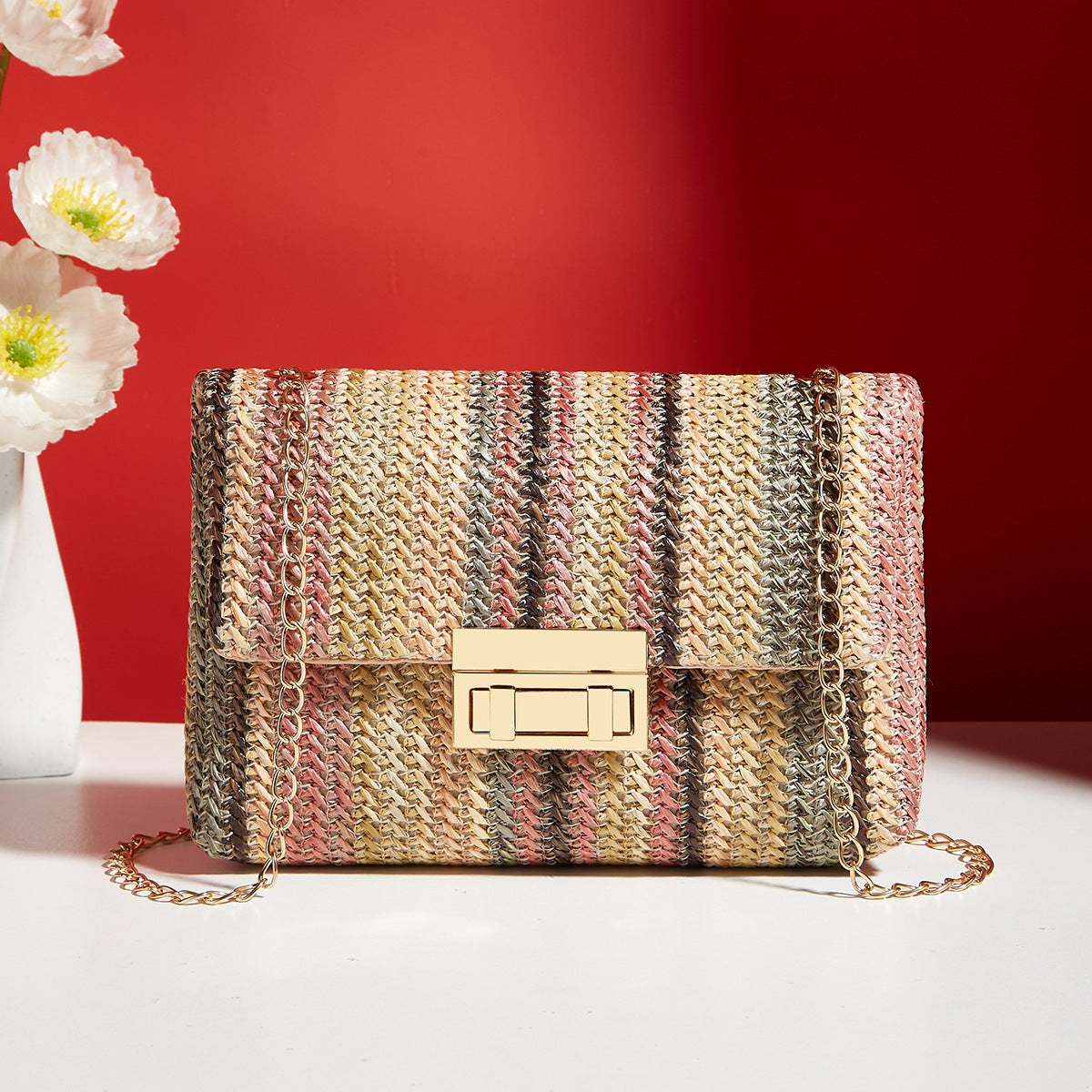 fashion crossbody bag straw lock closure simple small square bag