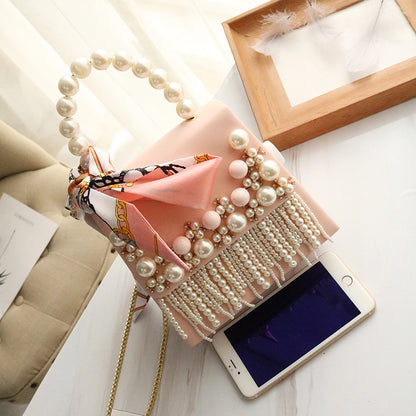 womens pearl beaded tassel shoulder bag