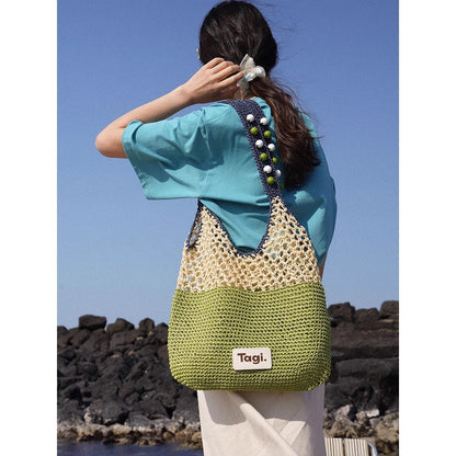 handmade string wooden bead portable commuters all matching contrast color one shoulder woven bag