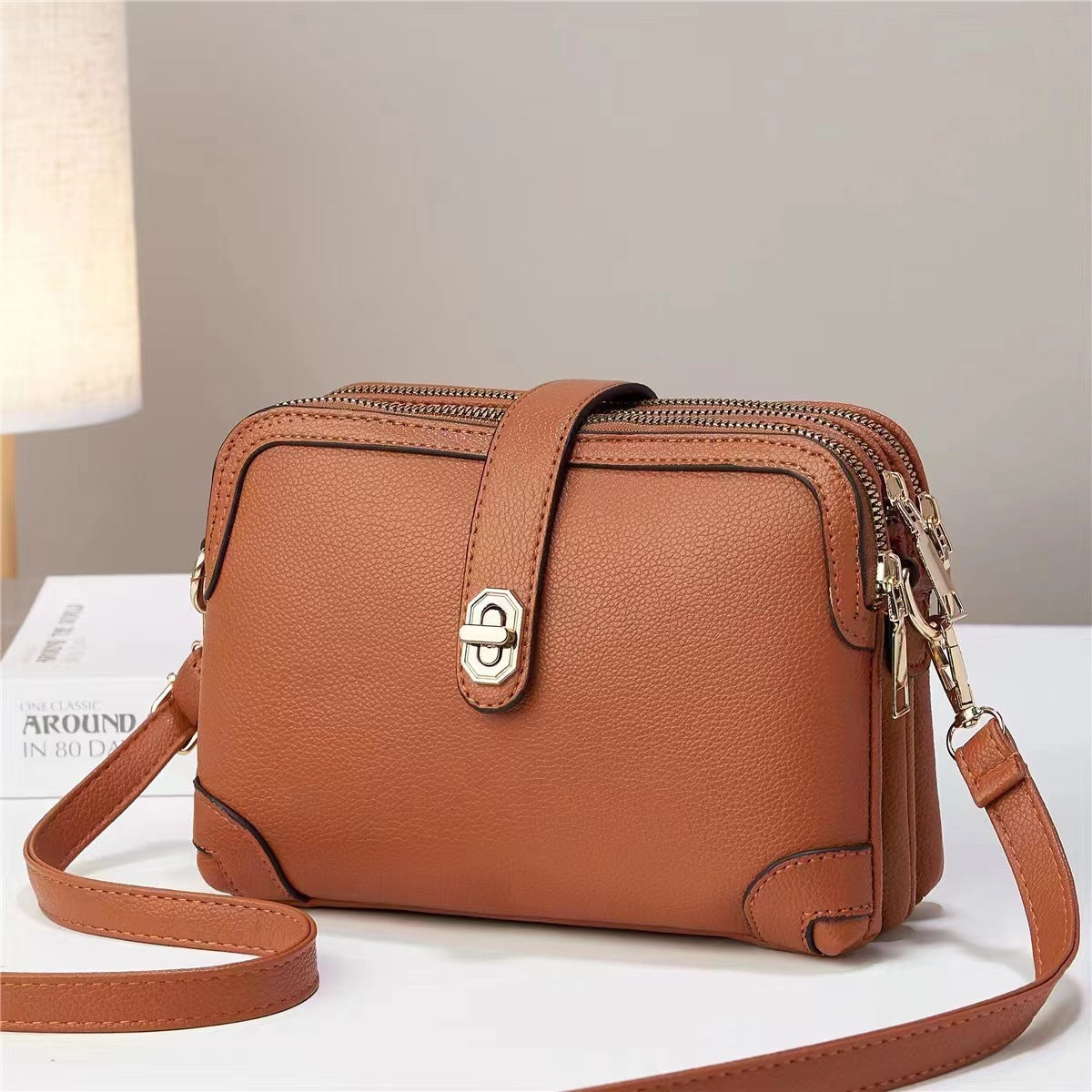 multi layer lychee pattern simple texture soft leather western style multi functional shoulder crossbody small square bag