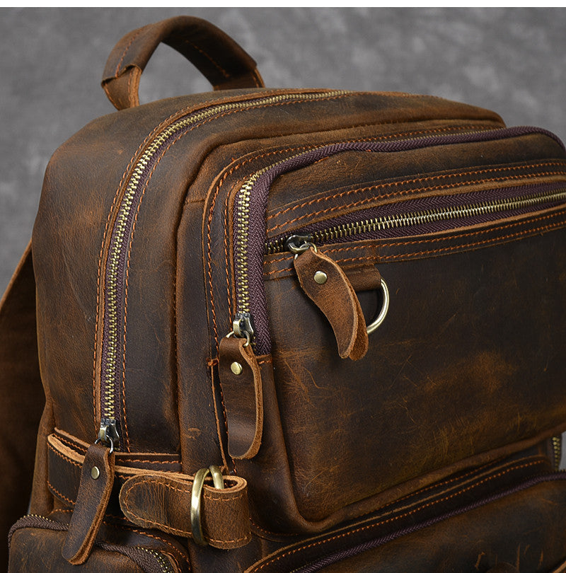 leather wide shoulder strap travel cowhide backpack