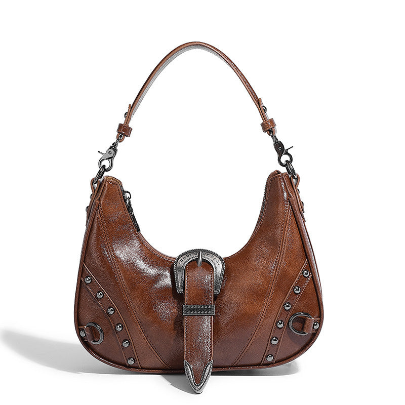womens distressed silver belt buckle underarm shoulder bag