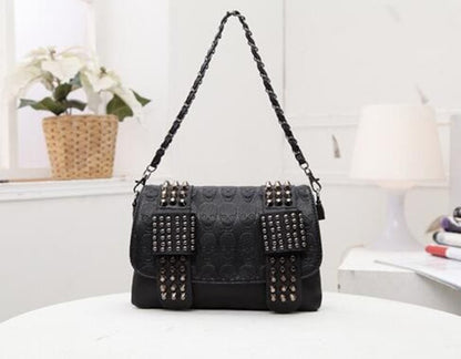 fashion women black leather messenger bags fashion vintage messenger cool skull rivets shoulder bags