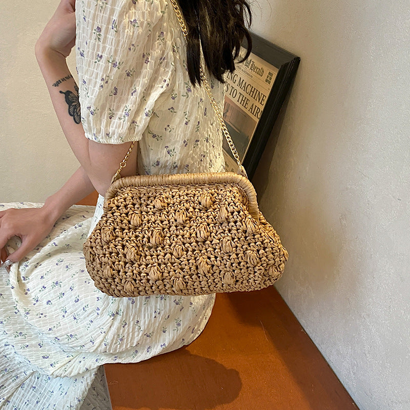 fashion woven bag one shoulder hollow out beach bag