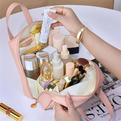 shell shape pu leather cosmetic bag waterproof letter makeup pouch bag multifunction carry on makeup tote travel wash bags