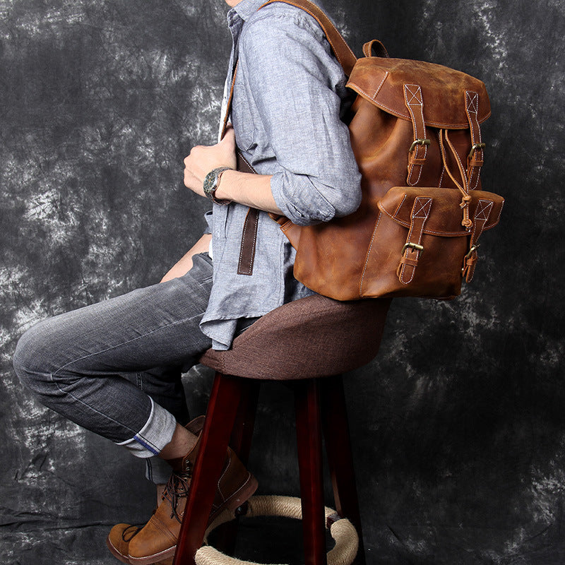 original new retro large capacity top layer leather backpackage