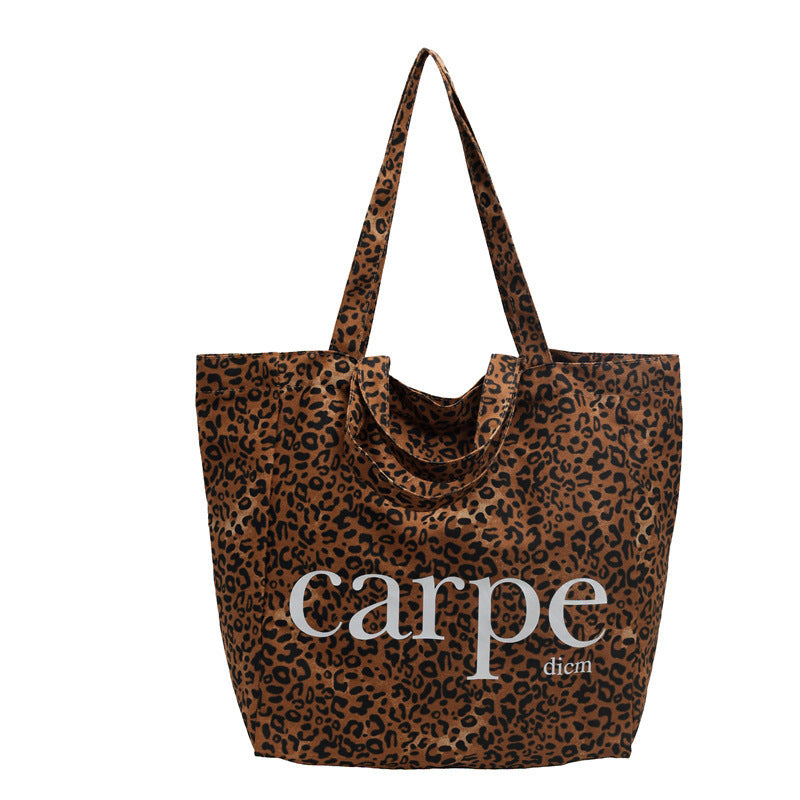 unique one shoulder leopard print large capacity canvas bag