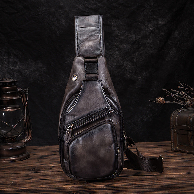 mens simple top layer cowhide chest bag