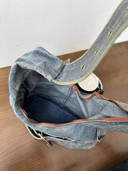 special interest design vintage washed denim shoulder bag