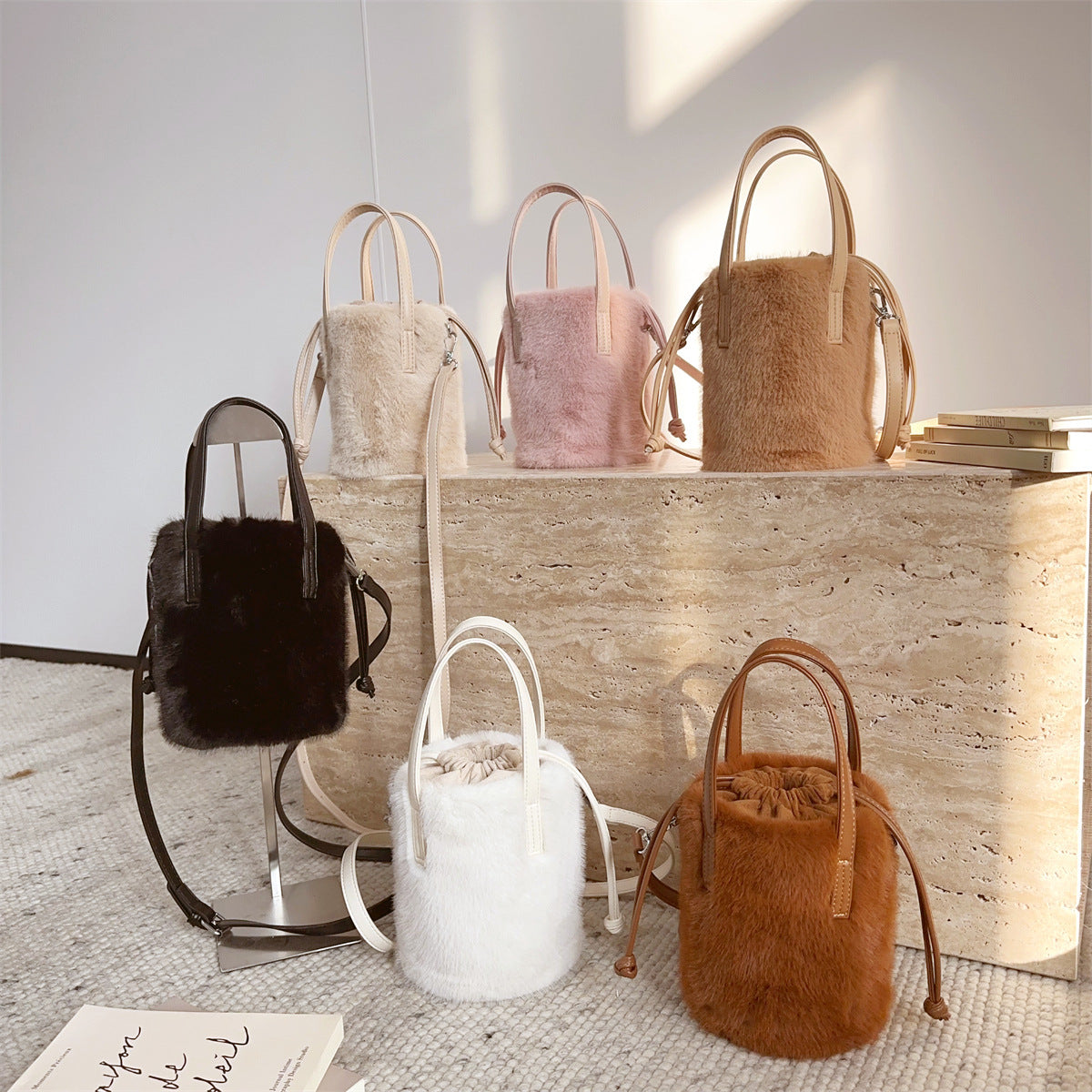 mink like bucket vintage plush hand bag