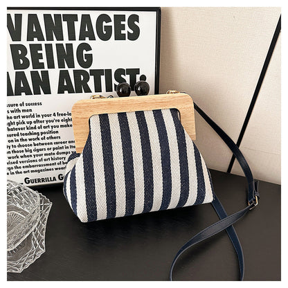 new striped canvas wooden clip mouth clutch