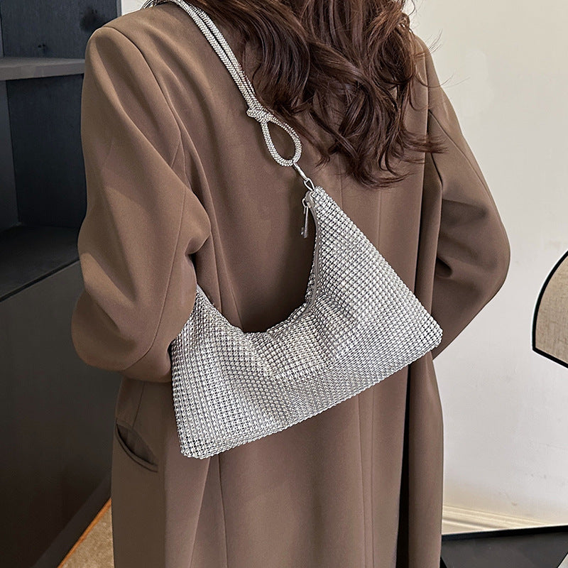 Women's Solid-Color Shiny Faux Rhinestone Zipper-Knotted Shoulder Bag