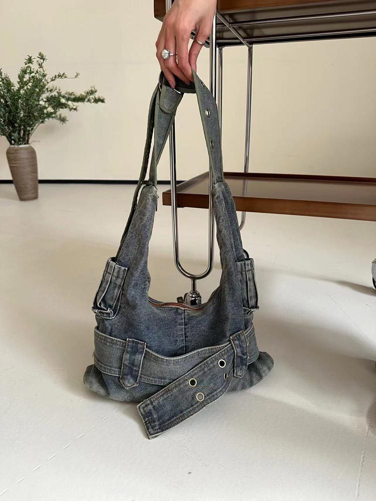 special interest design vintage washed denim shoulder bag