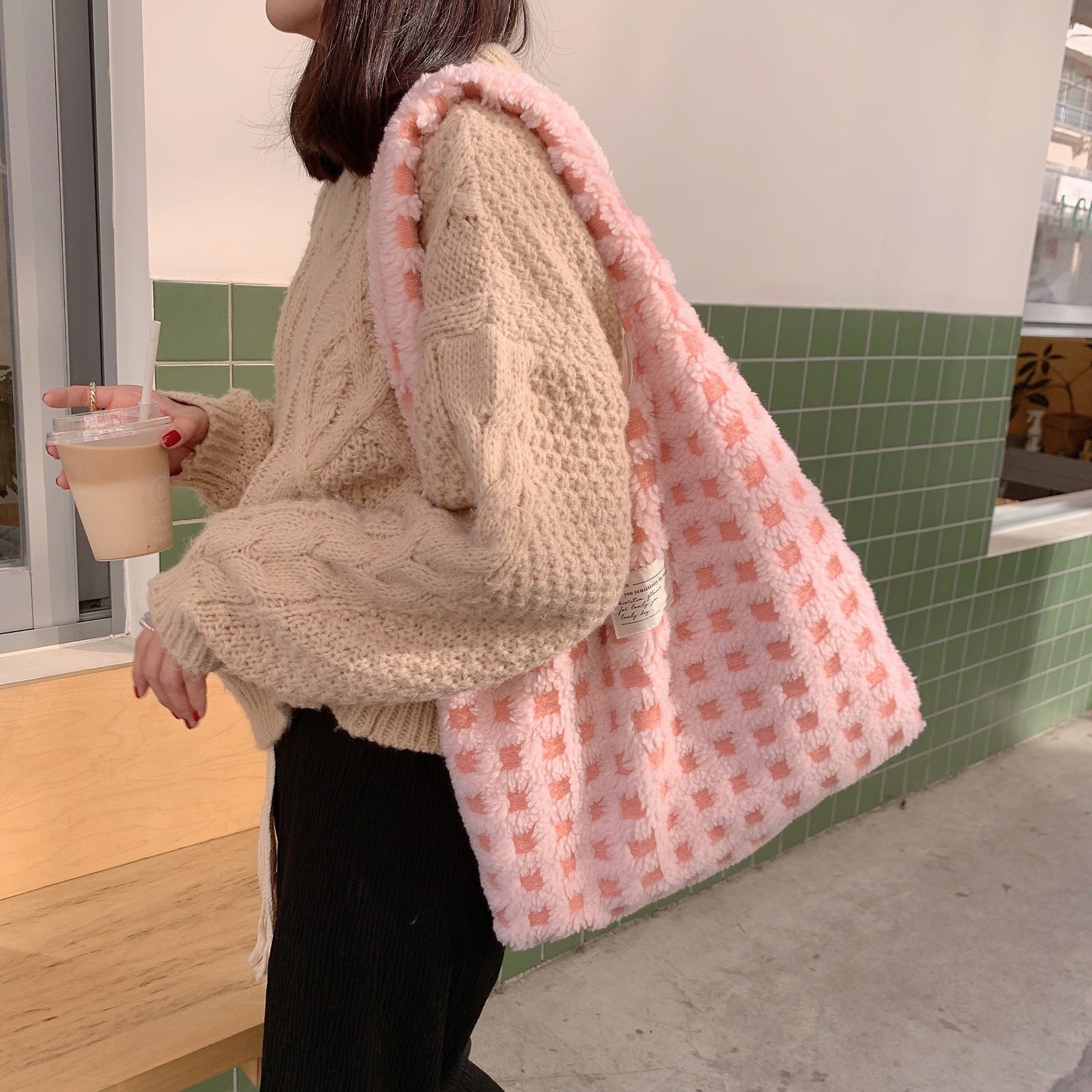 waffle-flannel-bag-tote-bag-large-capacity-commute-minimalist-student-class-bag