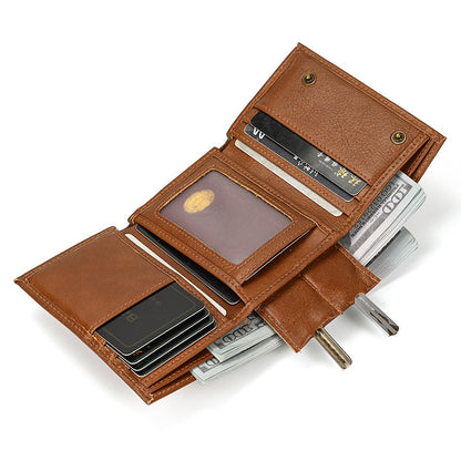 rfid genuine leather small wallet mens three fold multiple card slots with iron chain