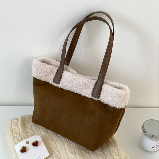 Retro Plush Turned-Over Hem Patchwork Suede Bag