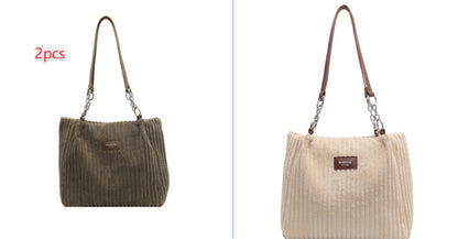 Casual Simple Portable Shopper Tote Bag Corduroy Solid Commuter Zipper Women's Handbag