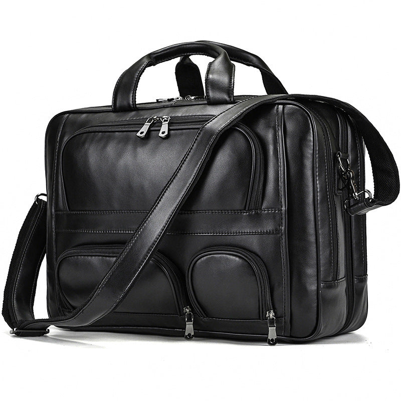 mens leather briefcase three compartment large capacity business handheld cowhide 17 inch commuter computer bag