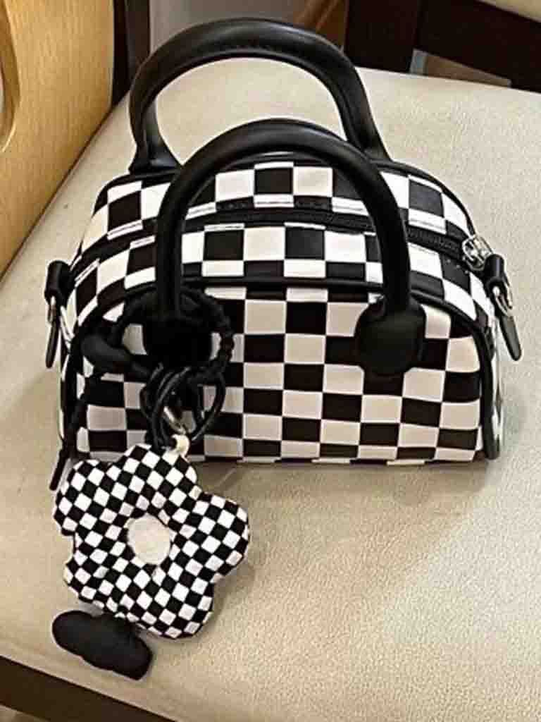 new handbag small flower pendant checkerboard bag niche design fashion