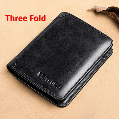 mens short matte leather tri fold vertical wallet